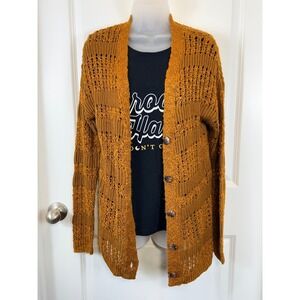 Y2K Mudd Women's Open Knit Cardigan Sweater Mustard Yellow Buttons Size Medium